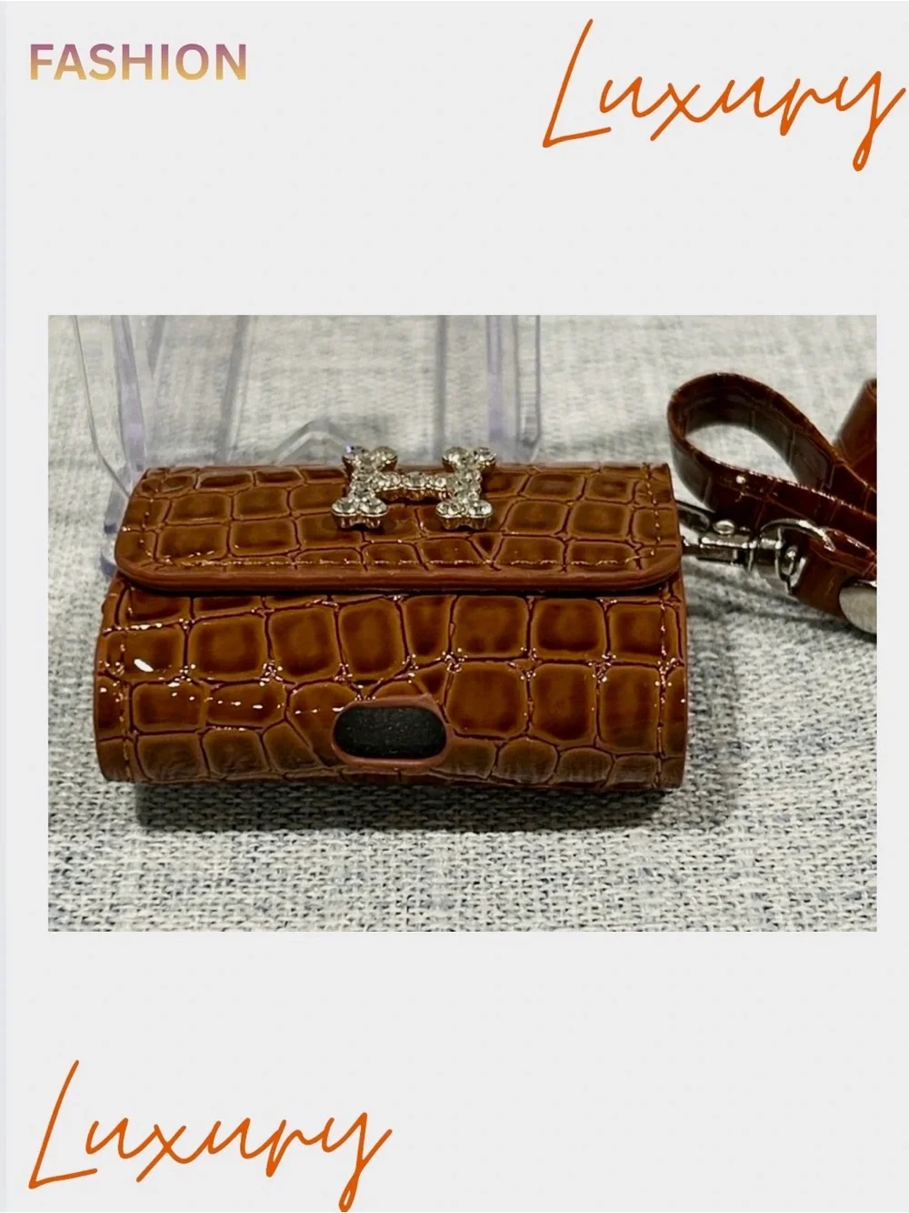 AIRPODS CASE: Crocodile Embossed Brown w/Golden Monogram, NWOT